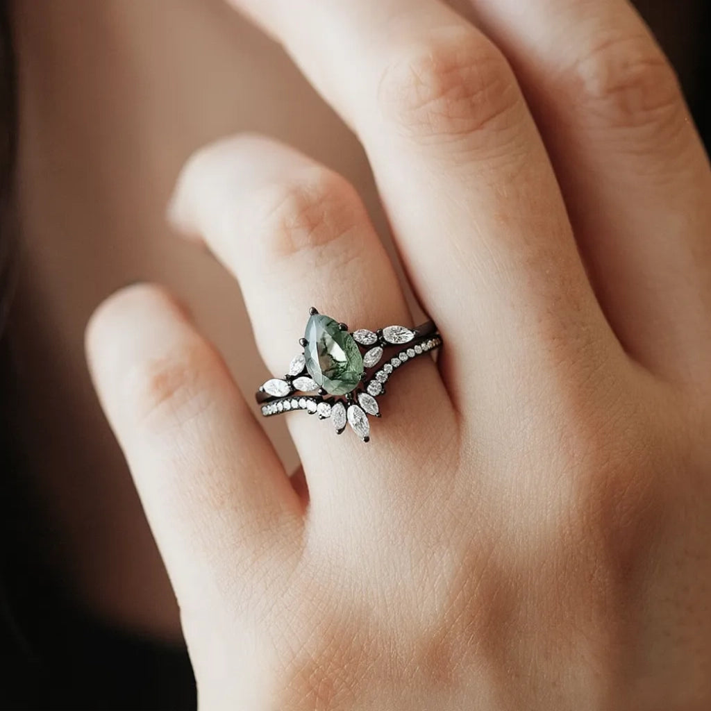 Juliet’s Grove | Pear Moss Agate Engagement Ring Set 2pcs.