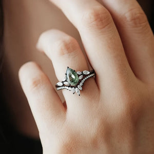 Juliet’s Grove | Pear Moss Agate Engagement Ring Set 2pcs.