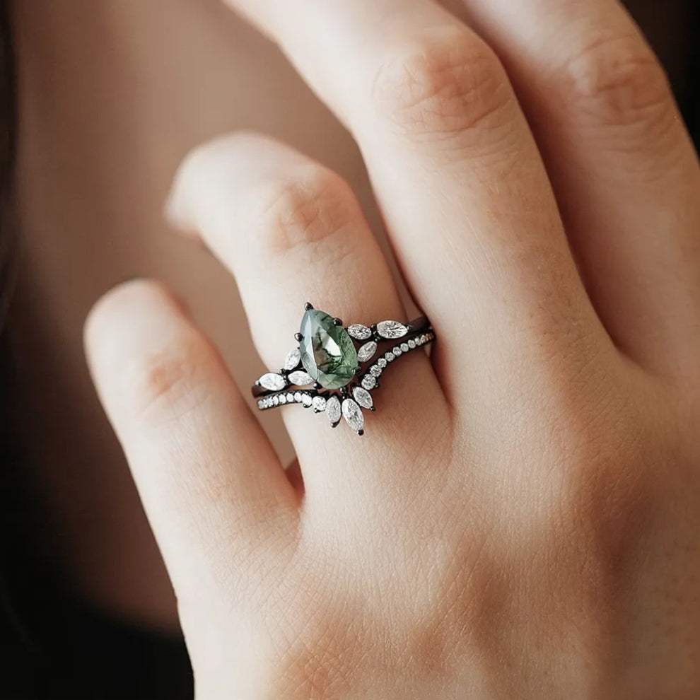 Juliet’s Grove | Pear Moss Agate Engagement Ring Set 2pcs.