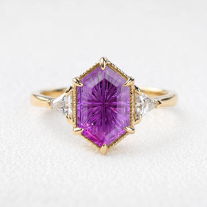 Theodora’s Twilight | Vintage Hexagon Fantasy-Cut Purple Sapphire Three-Stone Engagement Ring