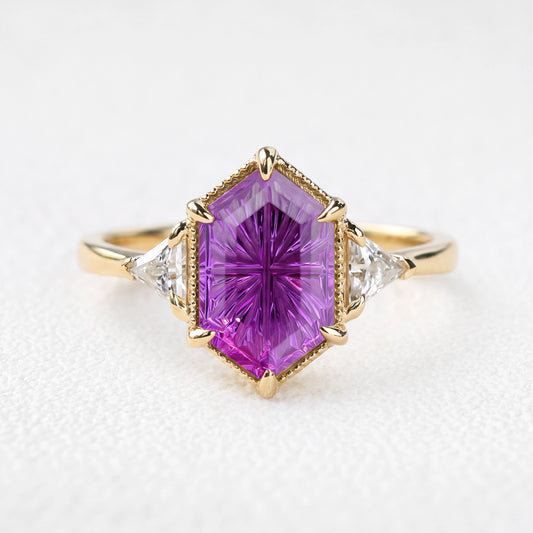 Theodora’s Twilight | Vintage Hexagon Fantasy-Cut Purple Sapphire Three-Stone Engagement Ring