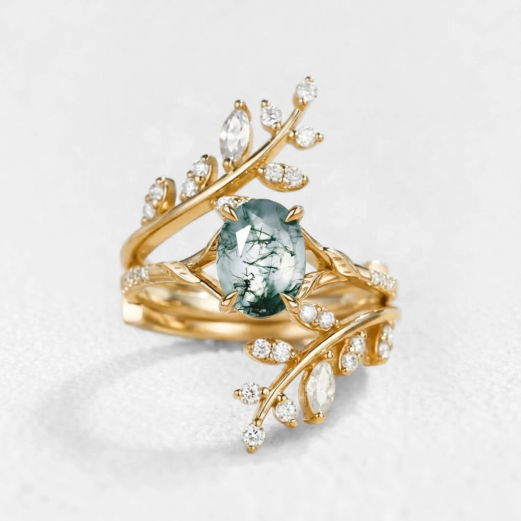 Daphne’s Wreath | Oval Moss Agate Cluster Enhancer Bridal Set 2pcs.