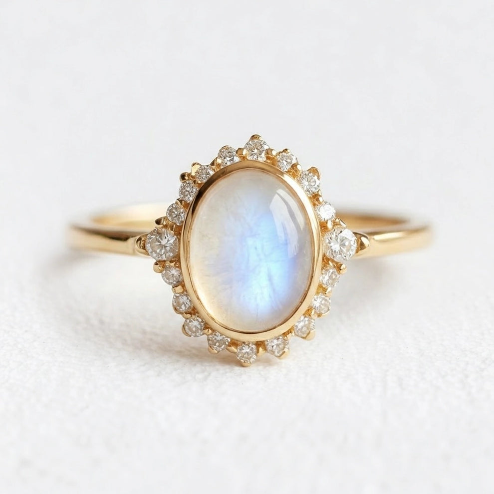 Elara’s Luster | Classic Oval Moonstone Halo Engagement Ring