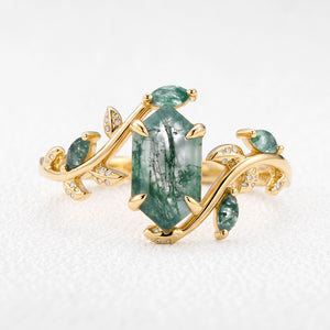 Sylvie’s Herbarium | Vintage Hexagon Moss Agate & Emerald Leafy Engagement Ring