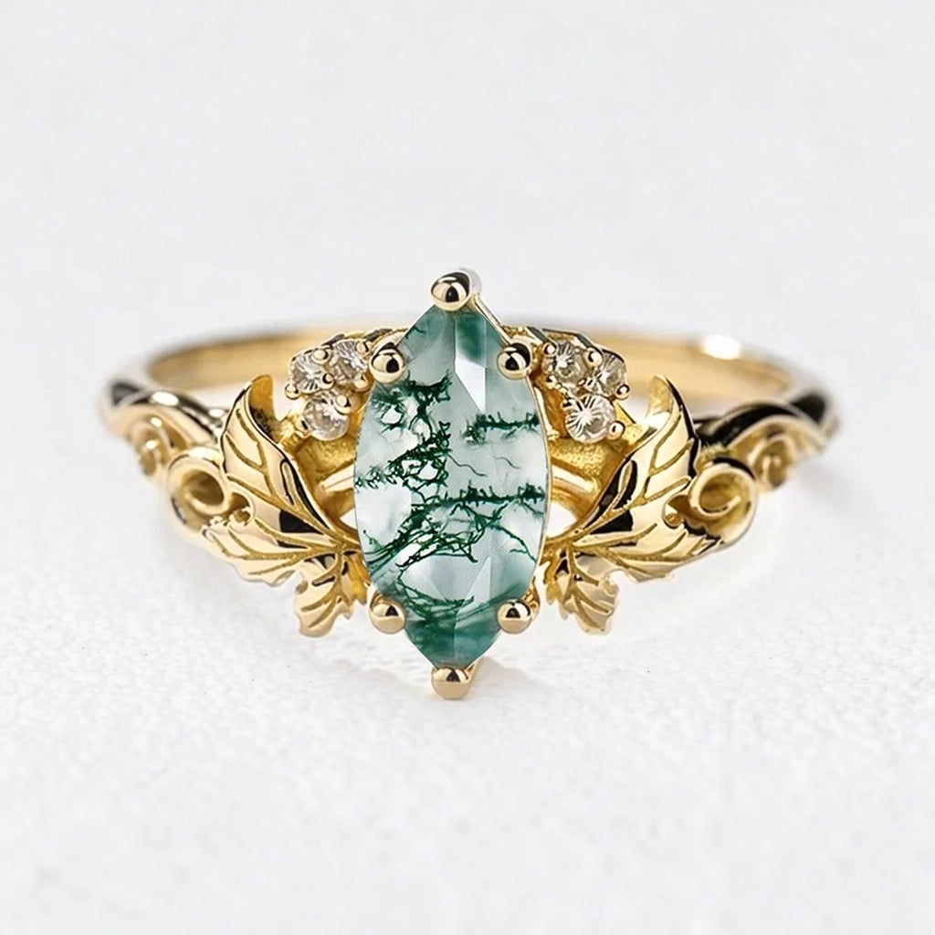 Daphne’s Laurel | Marquise Moss Agate with Diamond Leaves