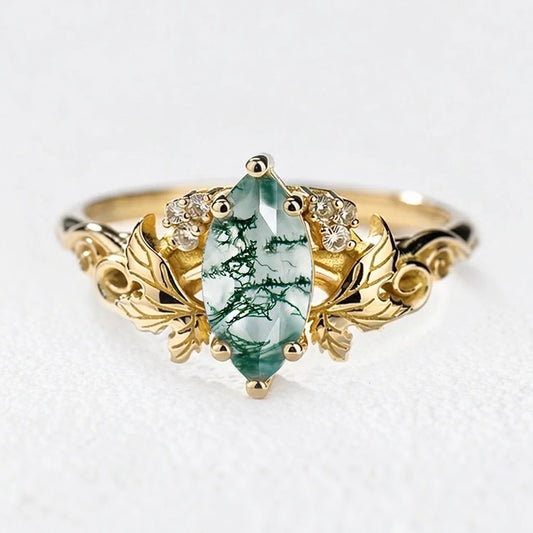 Daphne’s Laurel | Marquise Moss Agate with Diamond Leaves