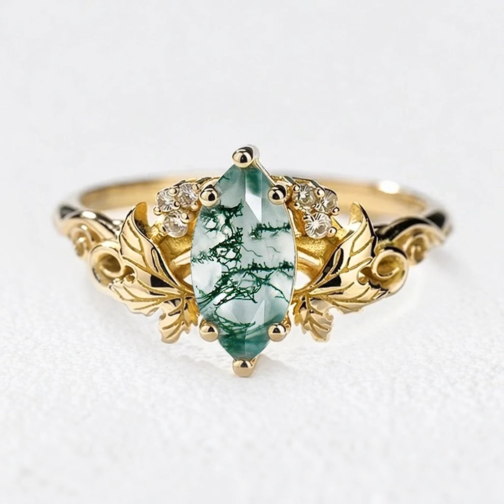 Daphne’s Laurel | Marquise Moss Agate with Diamond Leaves