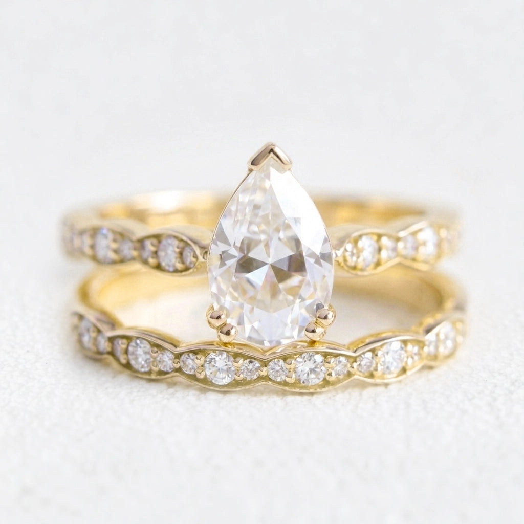 Grace Solitaire Pear Bridal Ring Set w/ Moissanite and Matching Diamond Band.