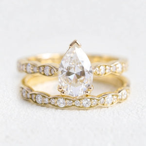 Grace Solitaire Pear Bridal Ring Set w/ Moissanite and Matching Diamond Band.