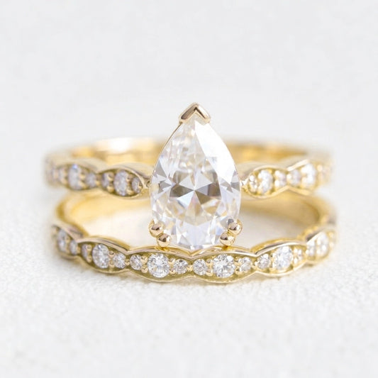 Grace Solitaire Pear Bridal Ring Set w/ Moissanite and Matching Diamond Band.