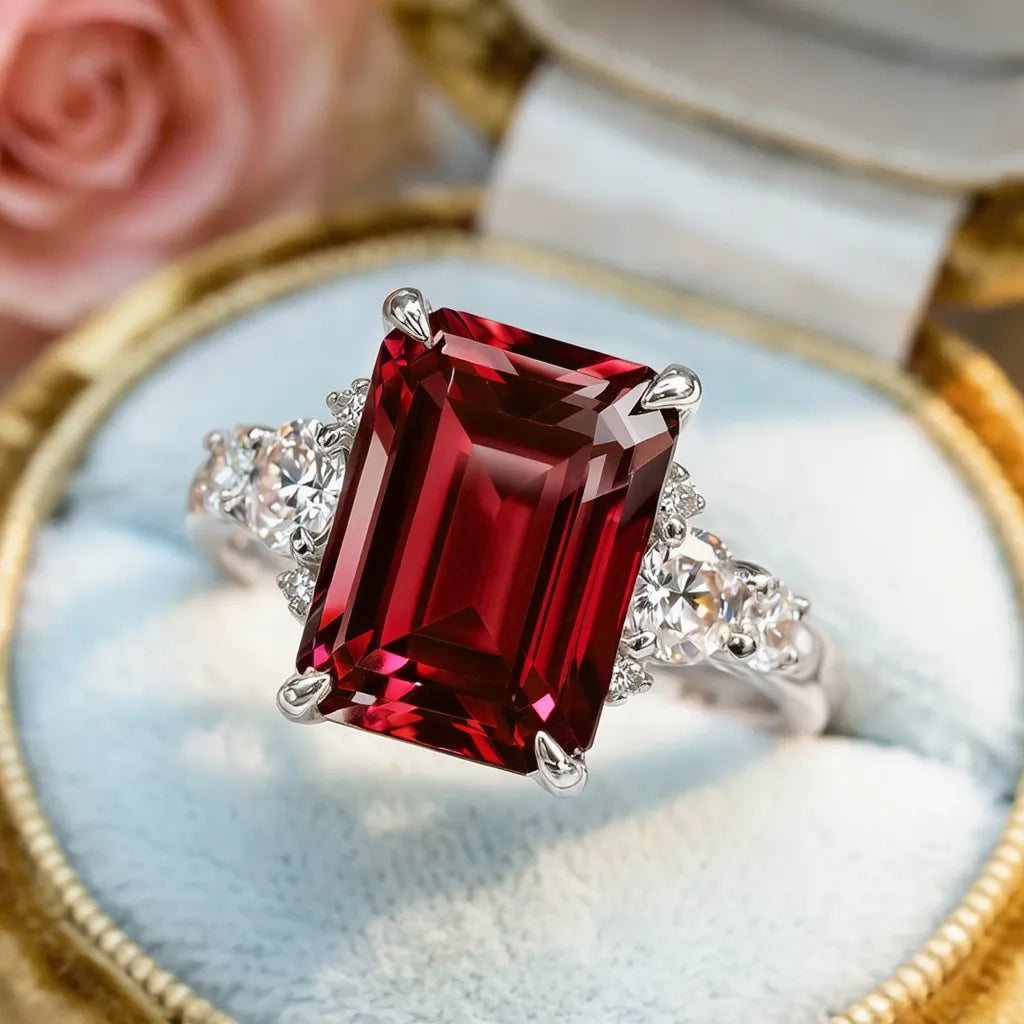 Scarlett‘s Velvet | 2CT Emerald Cut Burgundy Gemstone Ring.