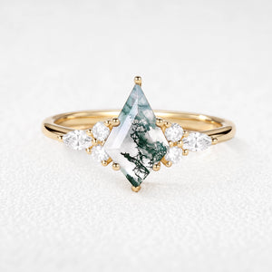 Sylvie’s Glade | Kite Cut Moss Agate Three-Stone Engagement Ring