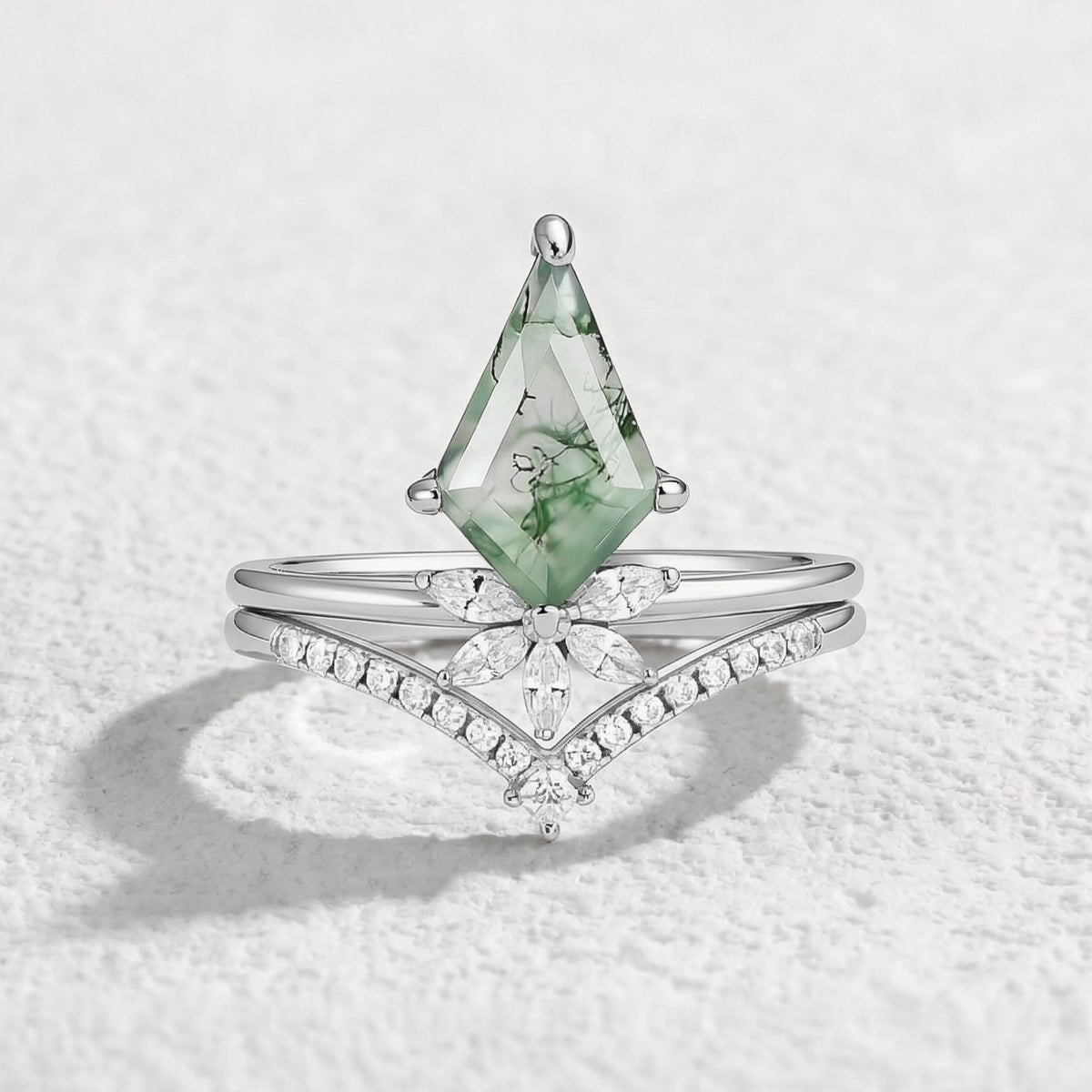 Flora’s Grove | Kite Cut Moss Agate Couple Ring Set 3pcs.