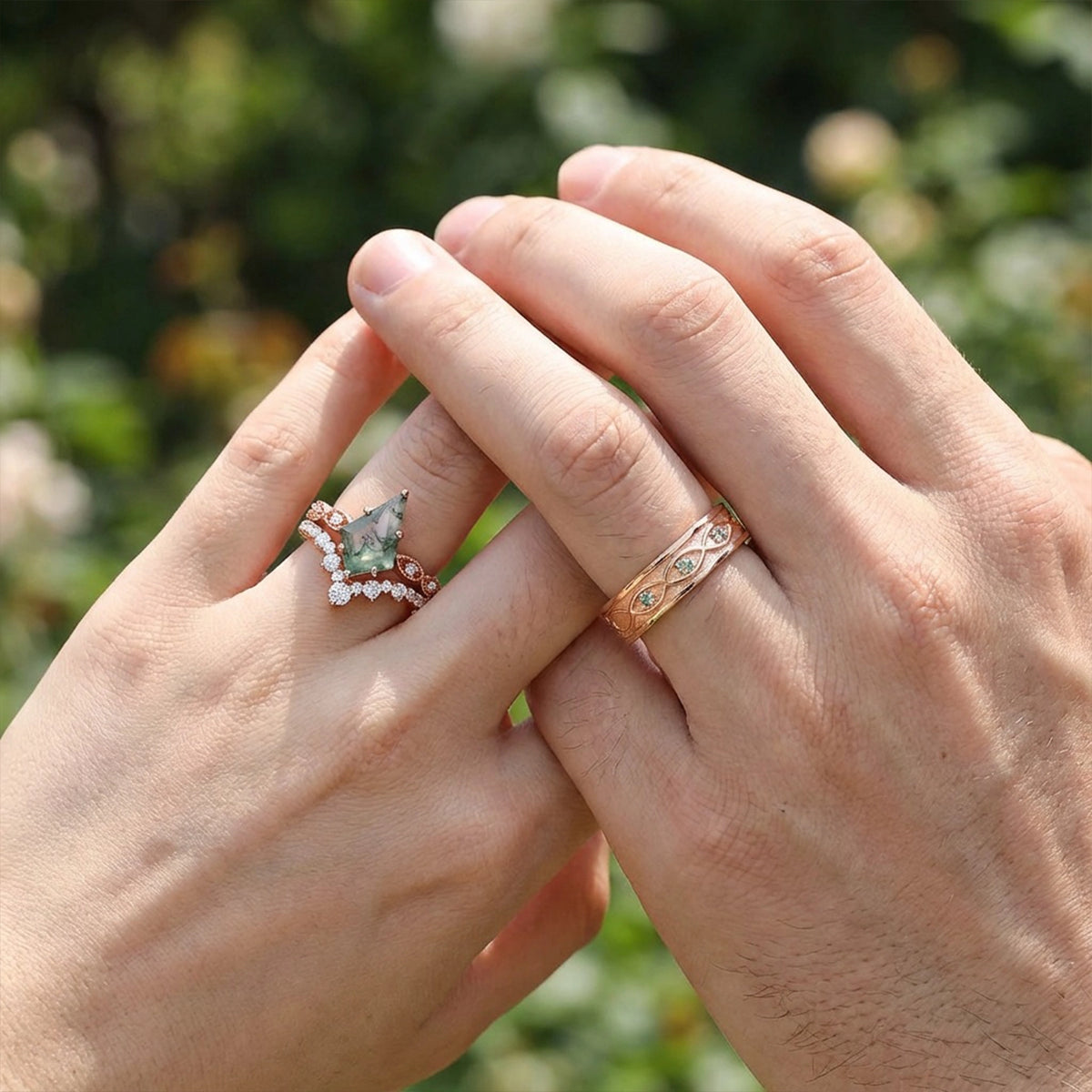 Thalia’s Glade | Vintage Kite Cut Moss Agate Couple Ring Set 3pcs.
