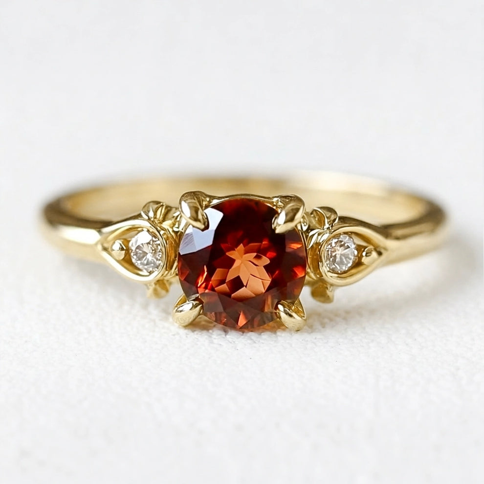 Rosalyn’s Emberpetal | Burning Rose Dainty Natural Garnet Engagement Ring.