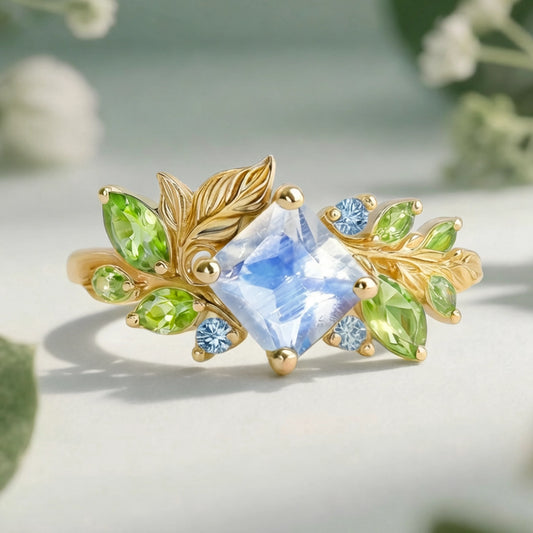 The Moonlight Canvas Engagement Ring – Square Moonstone Set in a Blooming Vine Band.