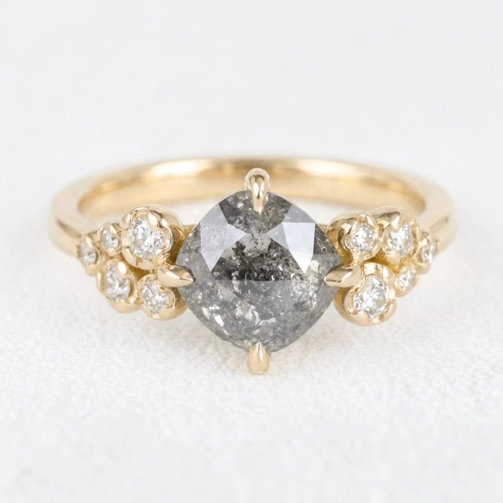 Astrid’s Stardust | 1.5CT Cushion Salt & Pepper Diamond Blossom Engagement Ring