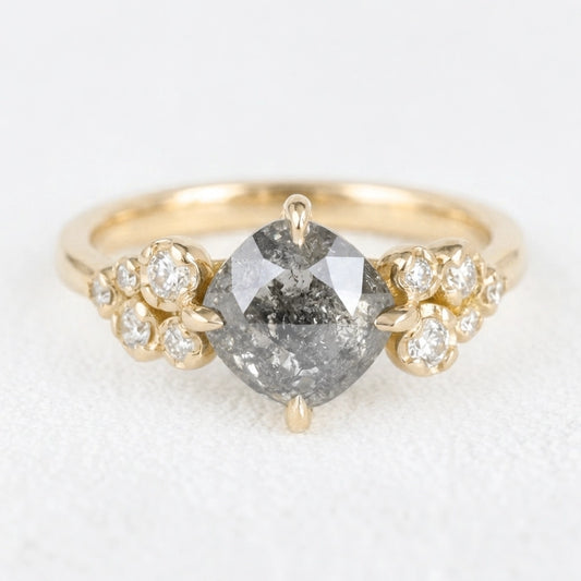 Astrid’s Stardust | 1.5CT Cushion Salt & Pepper Diamond Blossom Engagement Ring