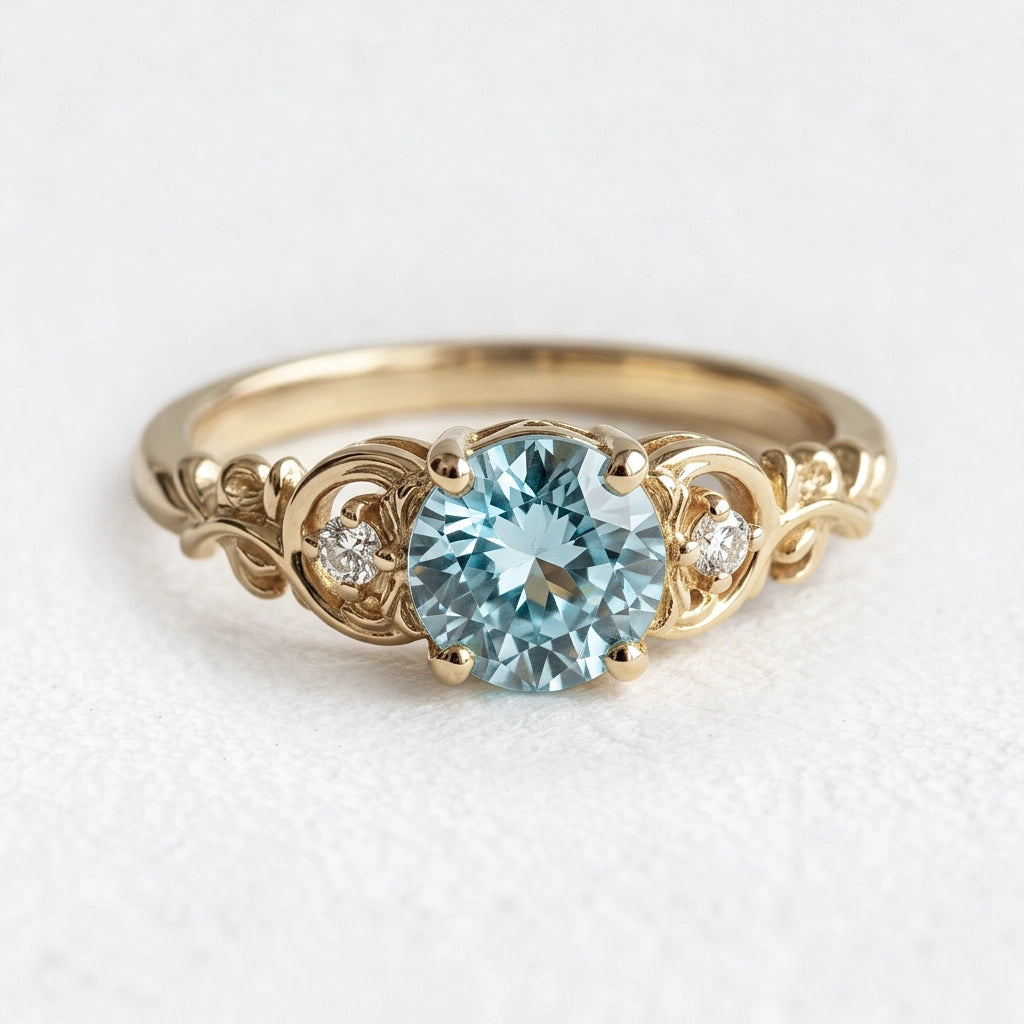 Marina’s Cameo | Round Blue Aquamarine Gold Engagement Ring.