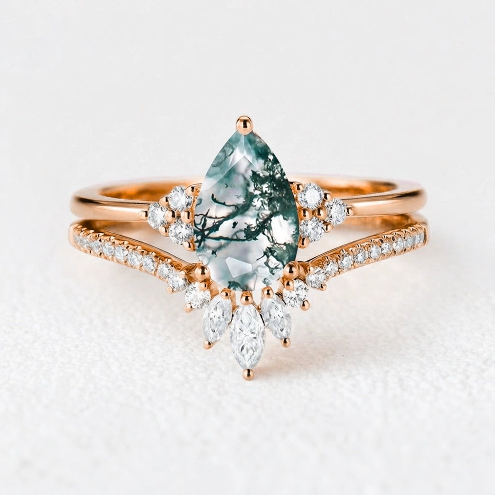 Genevieve’s Grace | Vintage Pear Cut Moss Agate Bridal Set 2pcs
