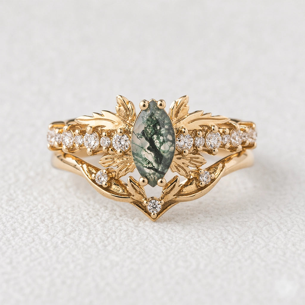 Aurora’s Moss Wing | Marquise Moss Agate Vintage Bridal Set 2pcs.