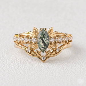 Aurora’s Moss Wing | Marquise Moss Agate Vintage Bridal Set 2pcs.