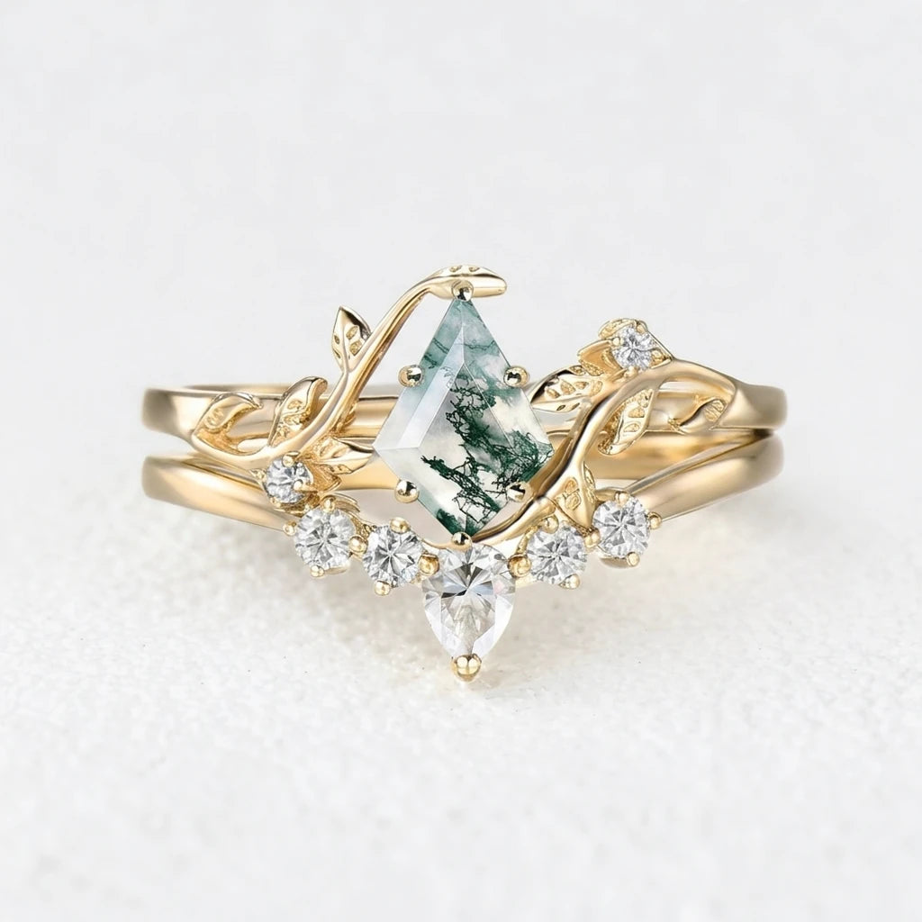 Kite Glade | Moss Agate Leafy Bridal Ring Set 2pcs