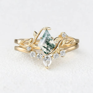 Kite Glade | Moss Agate Leafy Bridal Ring Set 2pcs