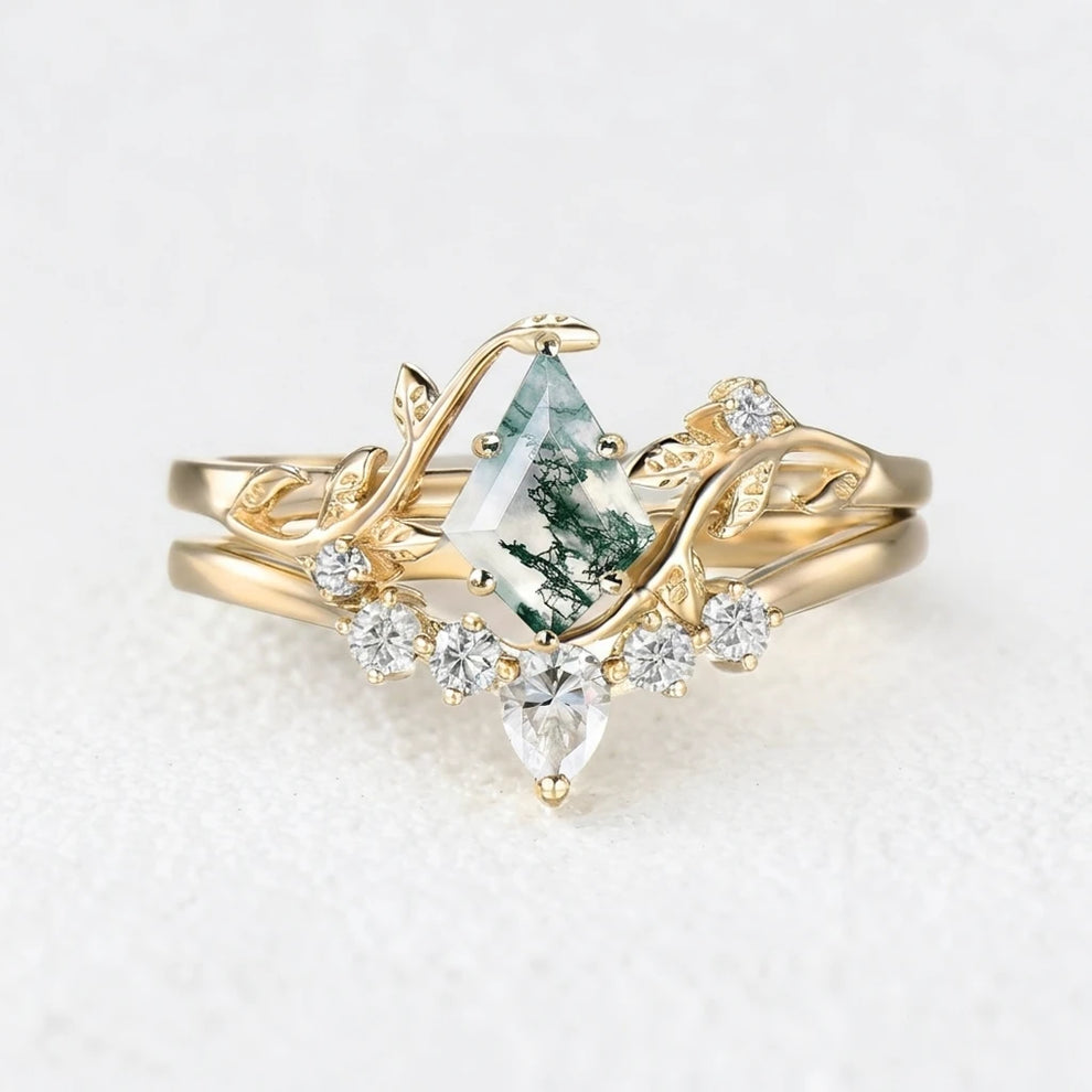 Kite Glade | Moss Agate Leafy Bridal Ring Set 2pcs