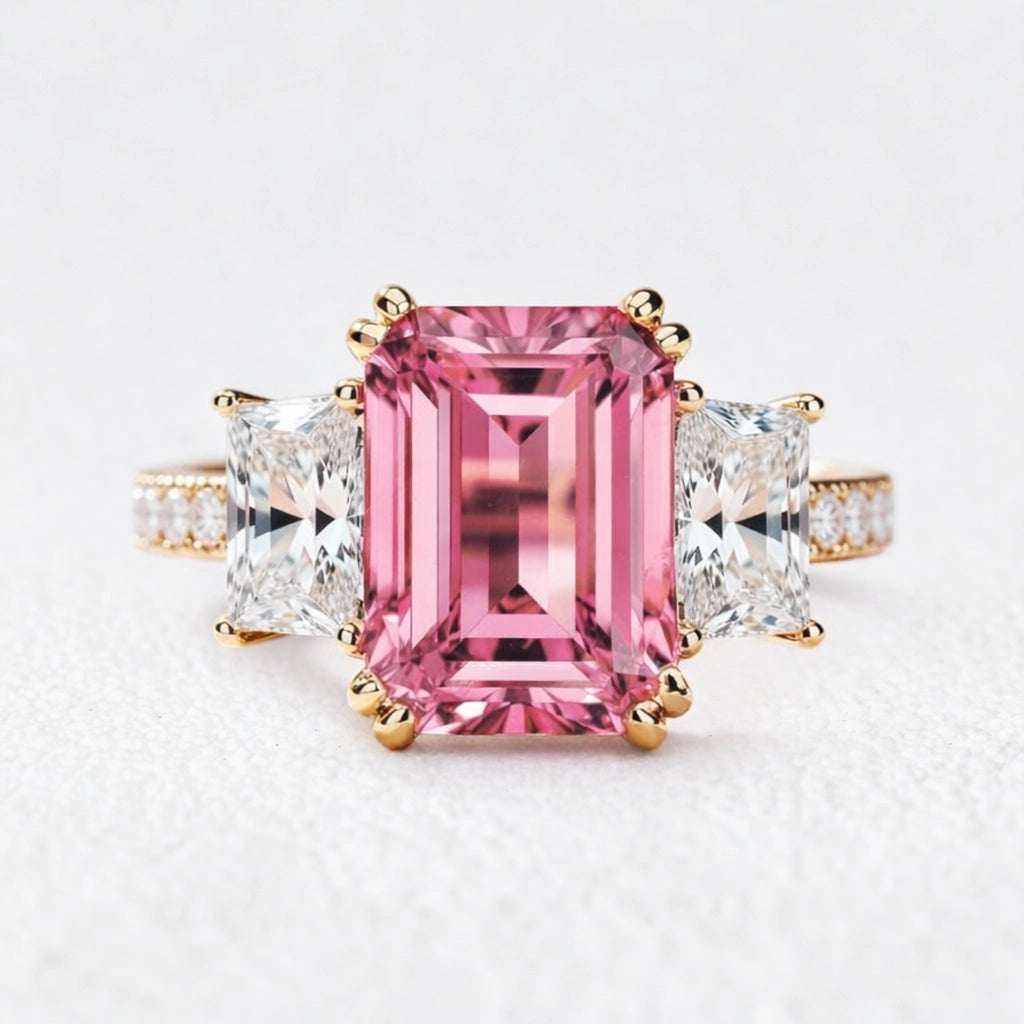 Cleo's Romance | 3CT Emerald Cut Pink Sapphire Engagement  Ring