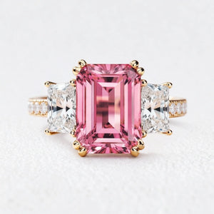 Cleo's Romance | 3CT Emerald Cut Pink Sapphire Engagement  Ring