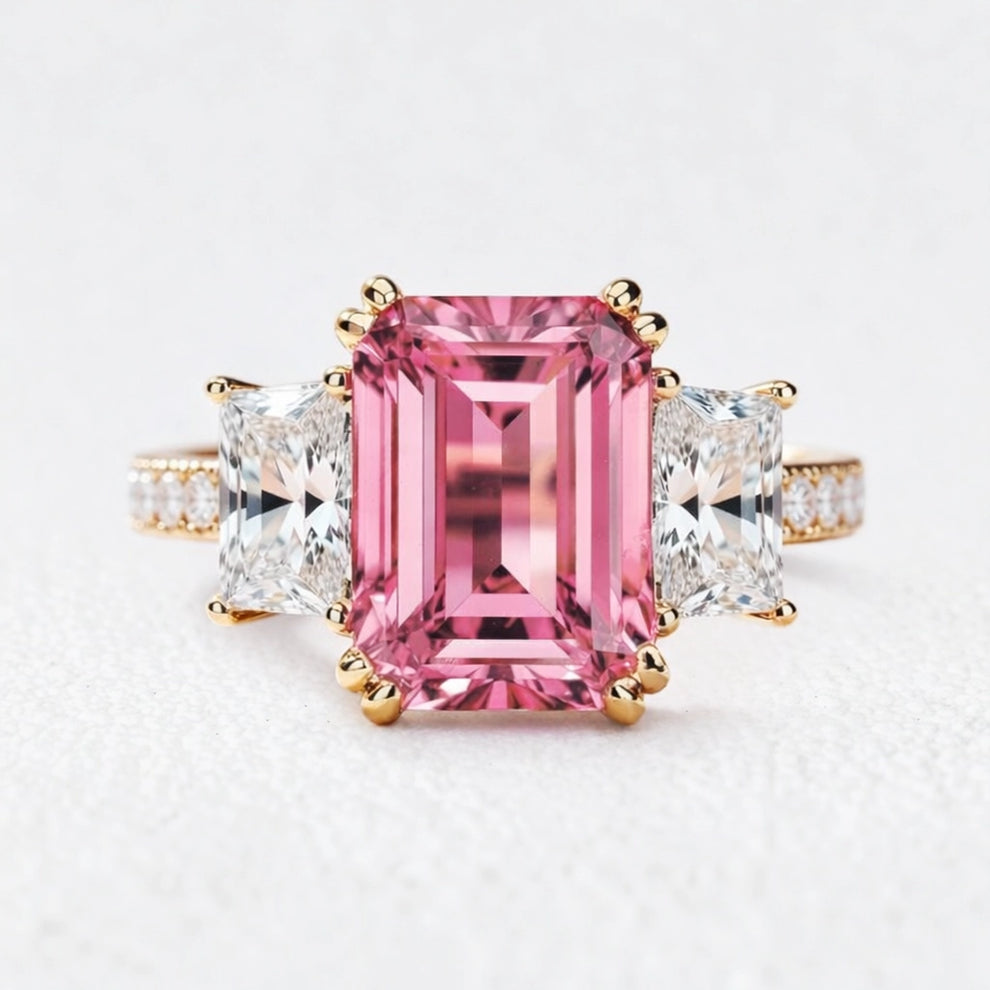 Cleo's Romance | 3CT Emerald Cut Pink Sapphire Engagement  Ring