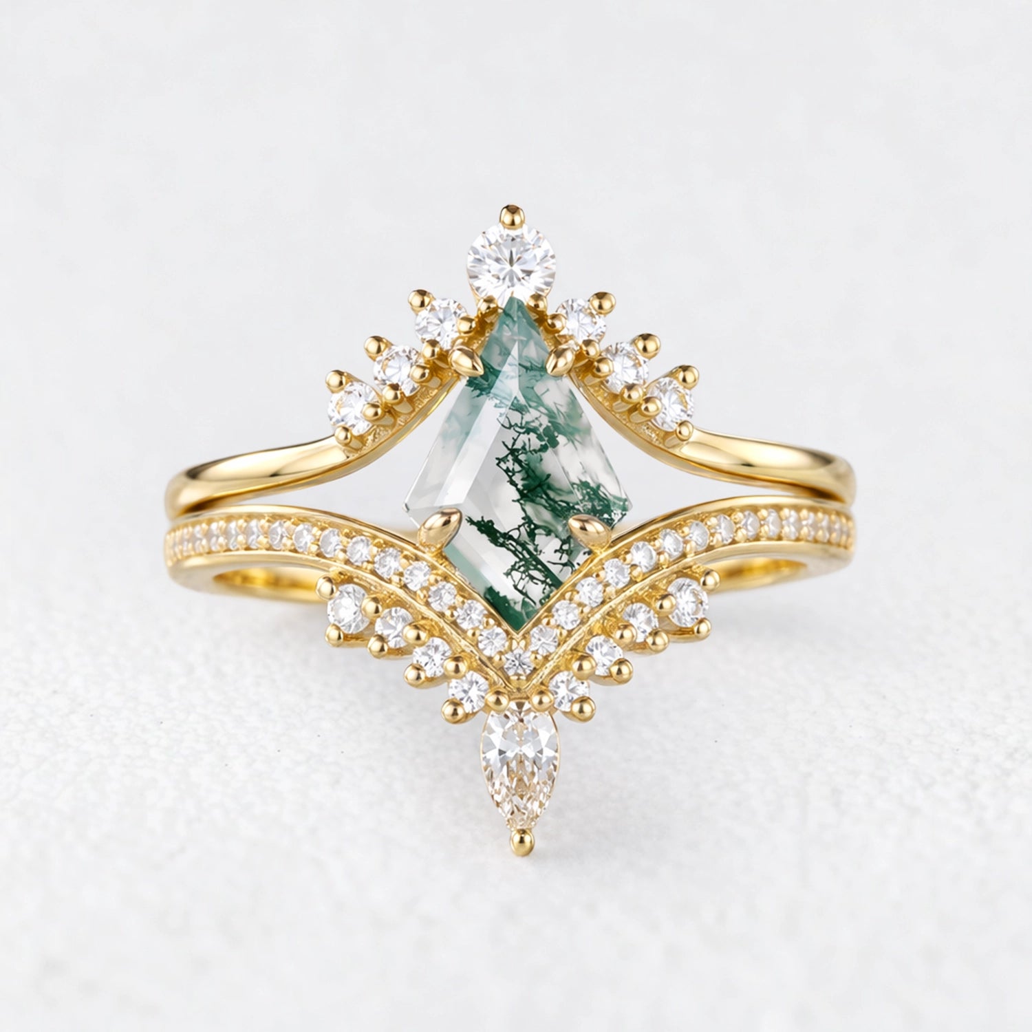Cassandra’s Wildwood | Kite Cut Moss Agate Chevron Bridal Duo