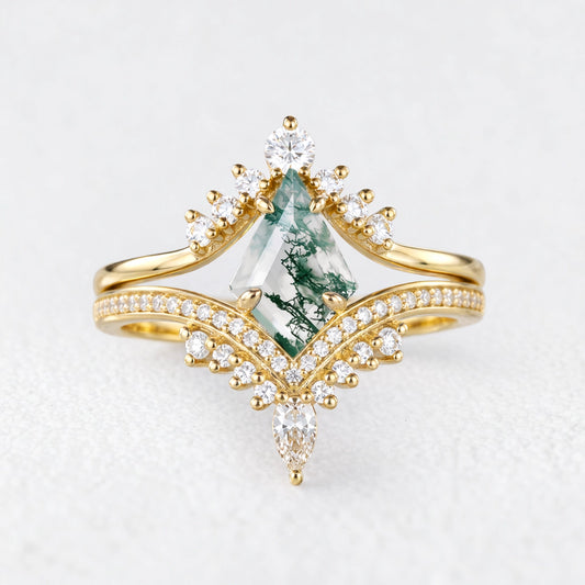 Cassandra’s Wildwood | Kite Cut Moss Agate Chevron Bridal Duo