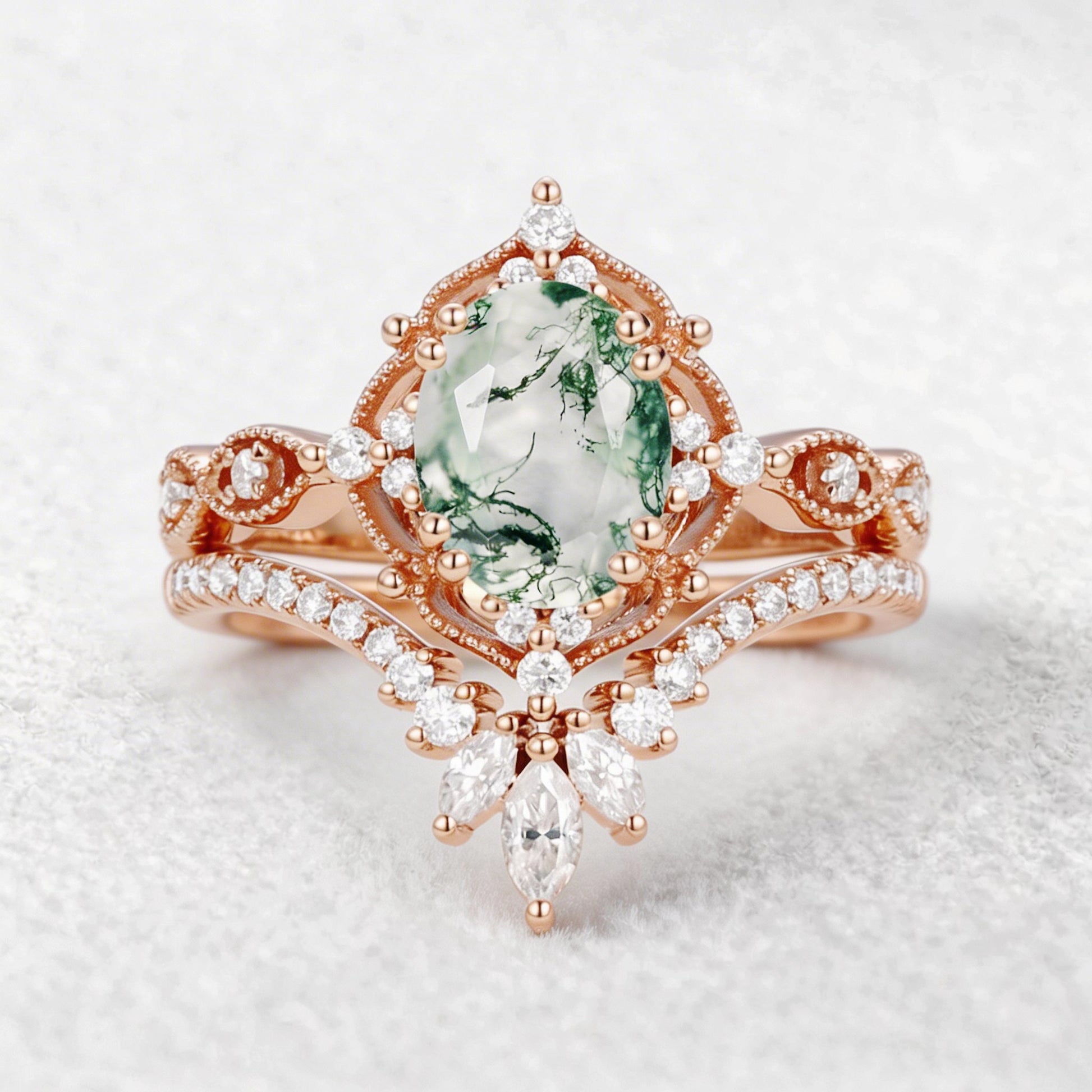 Soren Oval Cut Vintage Moss Agate Engagement Ring Set 2pcs.