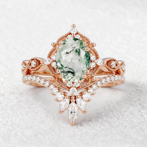 Soren Oval Cut Vintage Moss Agate Engagement Ring Set 2pcs.