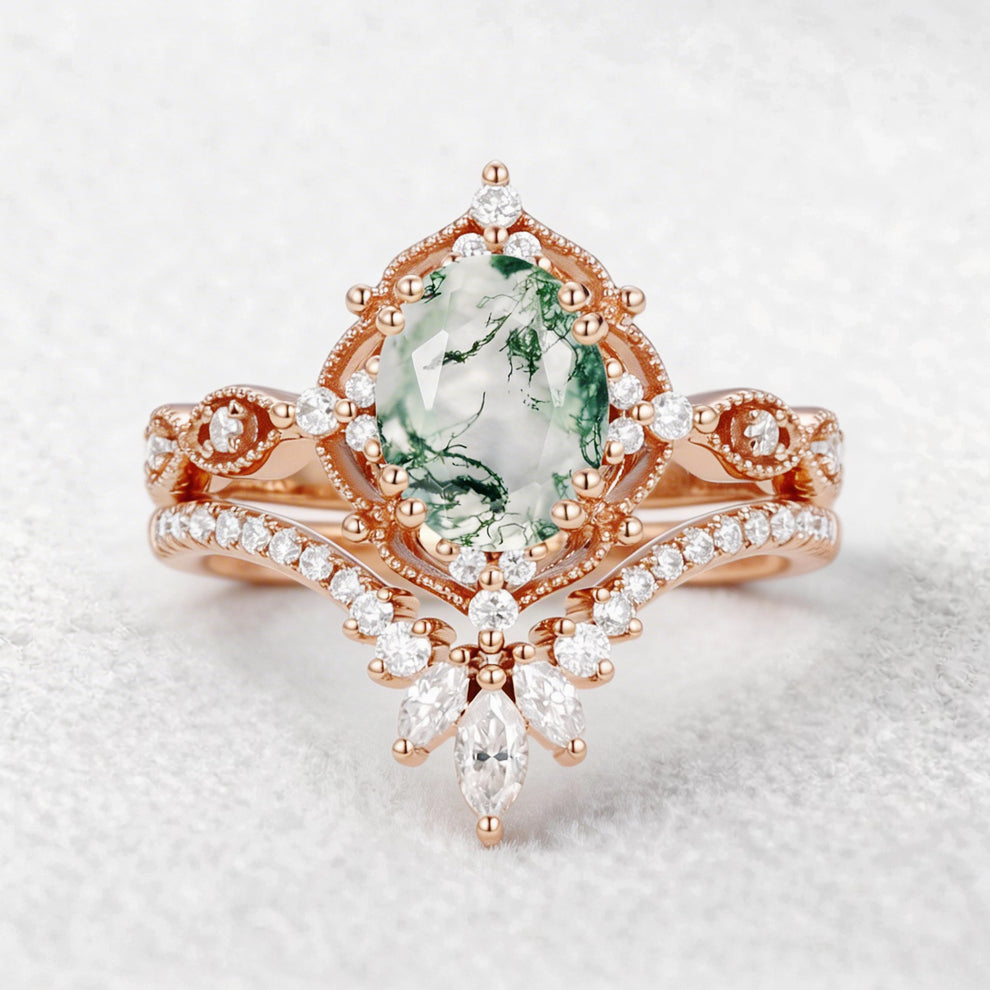 Soren Oval Cut Vintage Moss Agate Engagement Ring Set 2pcs.