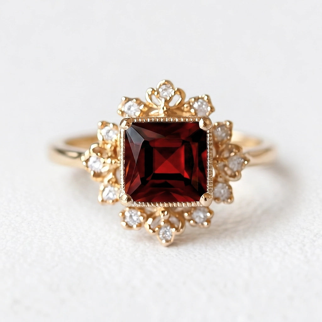 Vivienne’s Ardour | Square Red Garnet Leafy Engagement Ring.