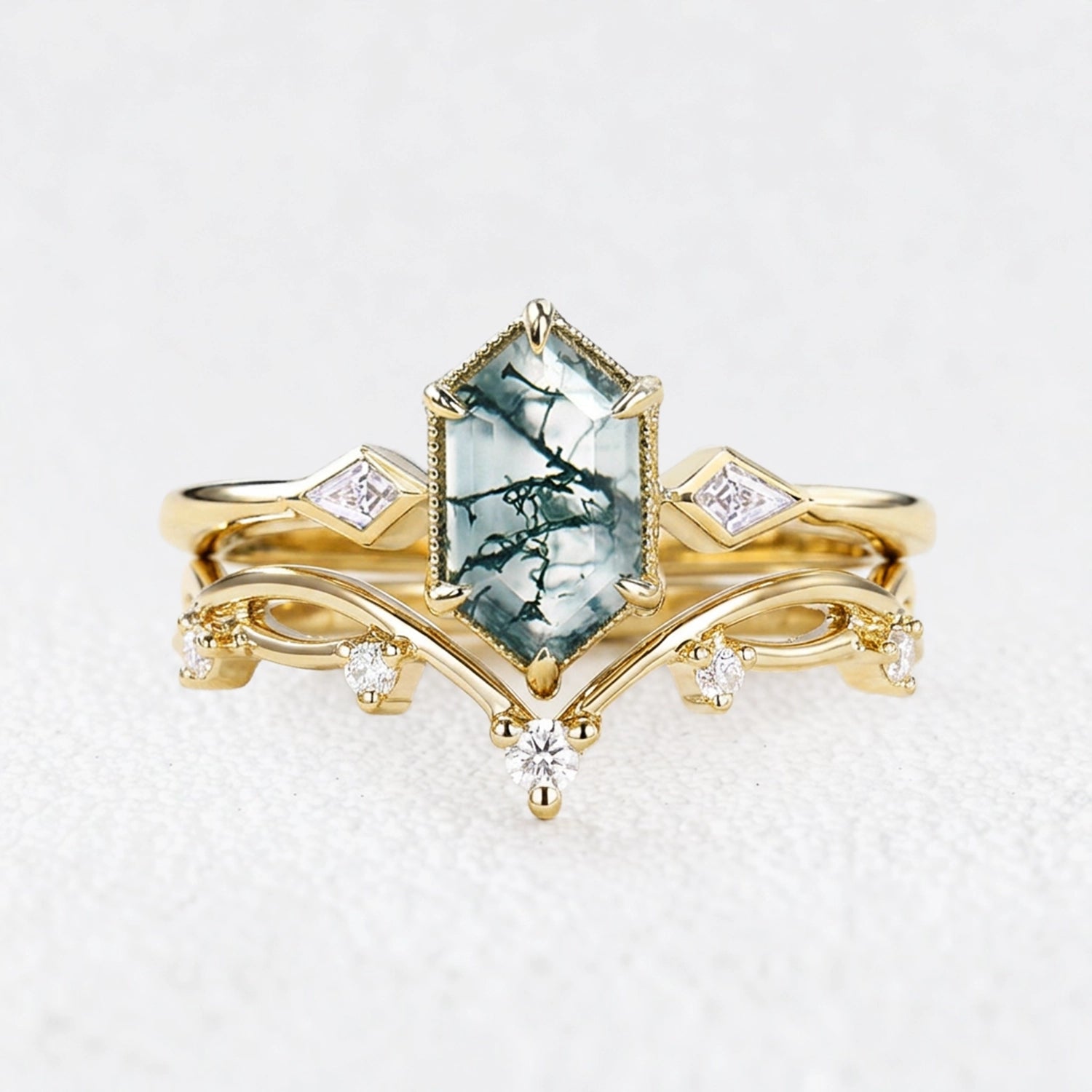 Isadora’s Verdant | Hexagon Moss Agate Trilogy Bridal Duo