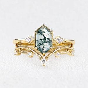 Isadora’s Verdant | Hexagon Moss Agate Trilogy Bridal Duo