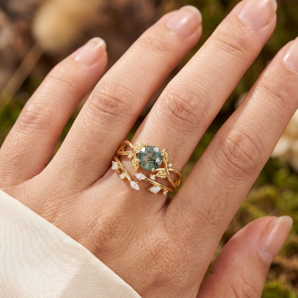 Cordelia Round Cut Moss Agate Leafy Infinity Bridal Set 2pcs.
