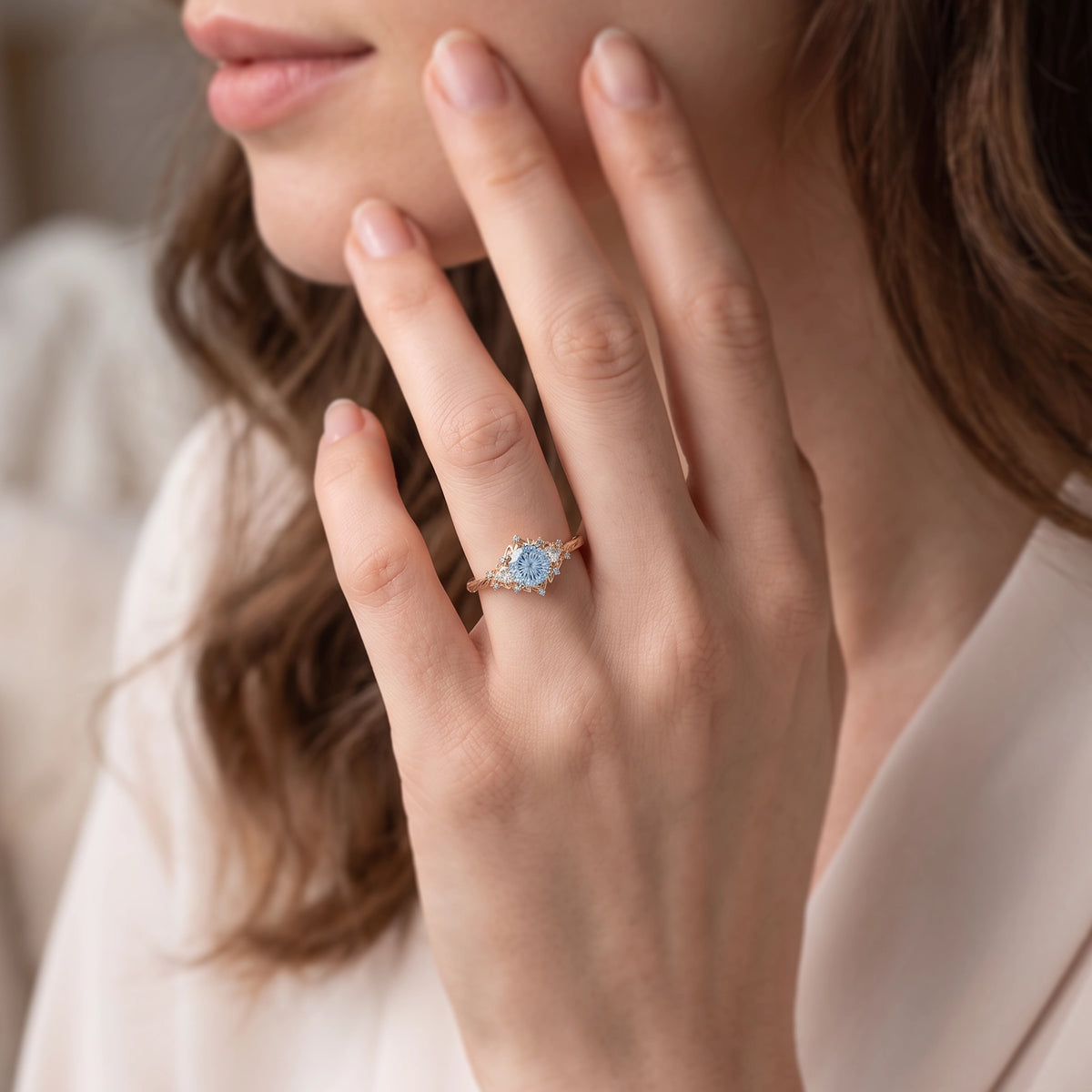 Galatea’s Gossamer | Fantasy-Cut Round Aquamarine Filigree Engagement Ring