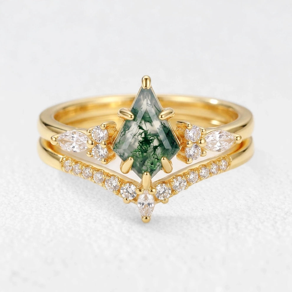 Elara’s Drift  | Vintage Kite Cut Moss Agate Bridal Set 2pcs.