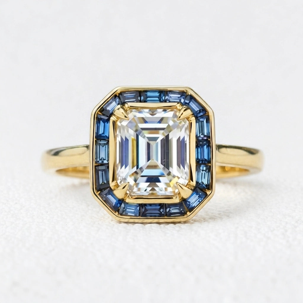 Iris‘s Breeze | 1CT Emerald Cut Halo Moissanite Ring.