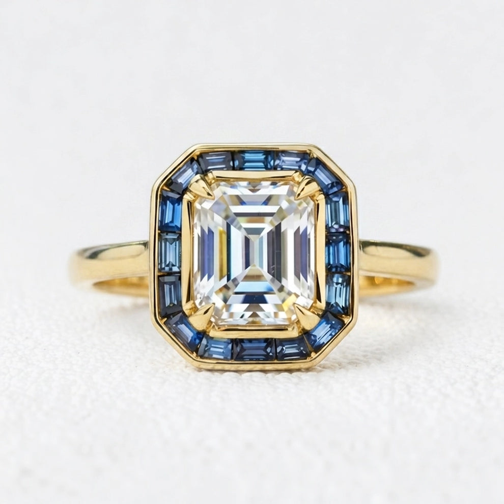 Iris‘s Breeze | 1CT Emerald Cut Halo Moissanite Ring.