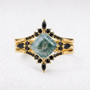 Sylvie’s Wildwood | Square Moss Agate & Onyx Double Chevron Trio Bridal Set