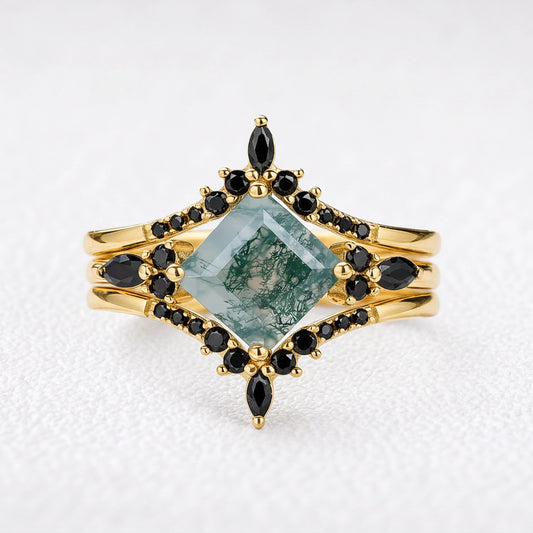 Sylvie’s Wildwood | Square Moss Agate & Onyx Double Chevron Trio Bridal Set
