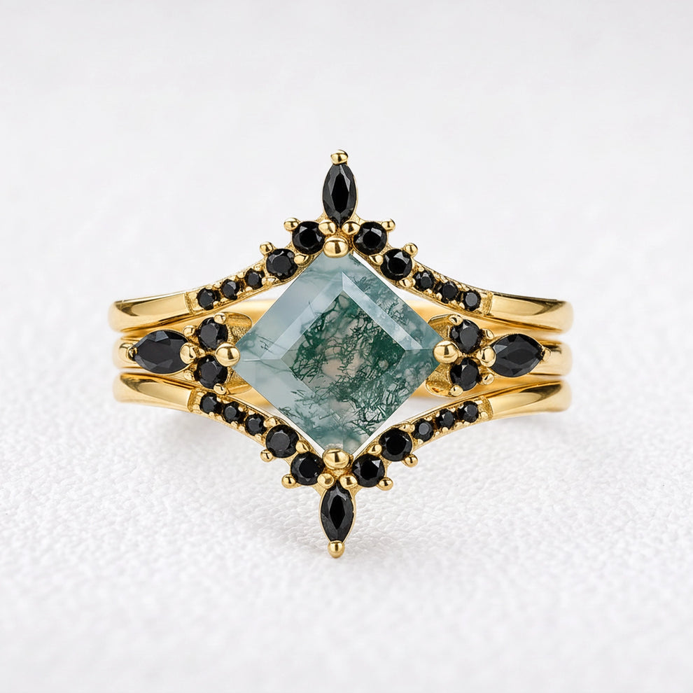 Sylvie’s Wildwood | Square Moss Agate & Onyx Double Chevron Trio Bridal Set
