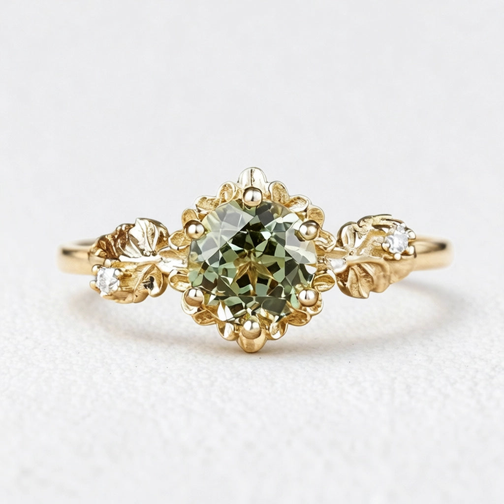 Sylvie’s Blossom | Round Green Sapphire Floral Engagement Ring.