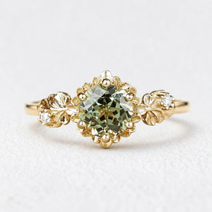 Sylvie’s Blossom | Round Green Sapphire Floral Engagement Ring.
